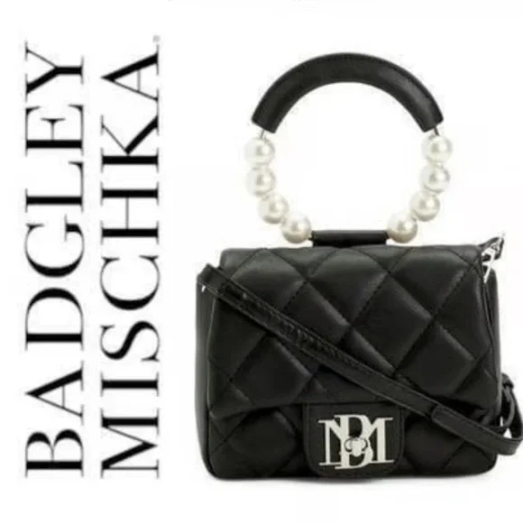 Badgley Mischka/Vegan Leather Clutch Bag Pearl Handle Black Crossbody Purse - Picture 3 of 9